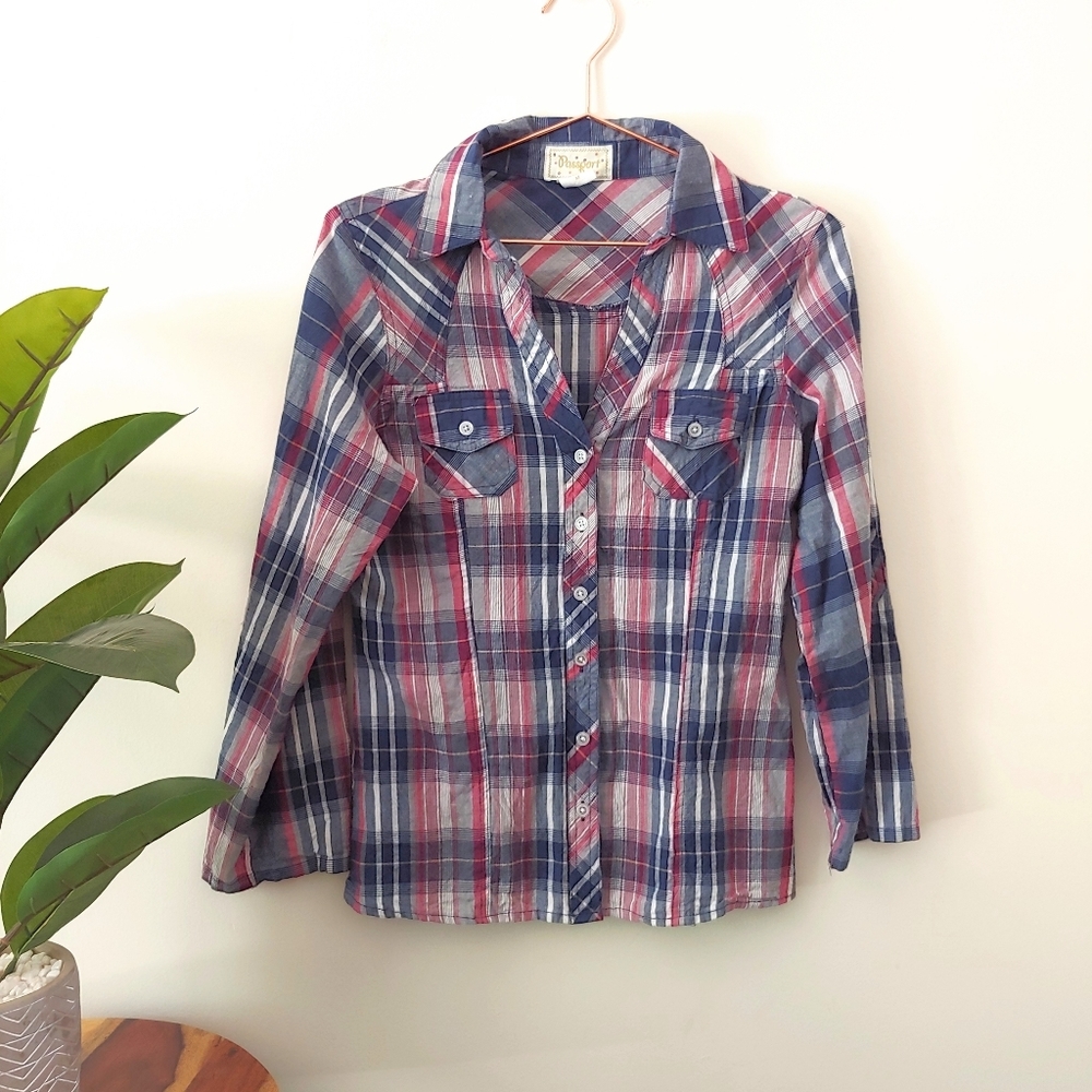 Passport red & blue button down shirt